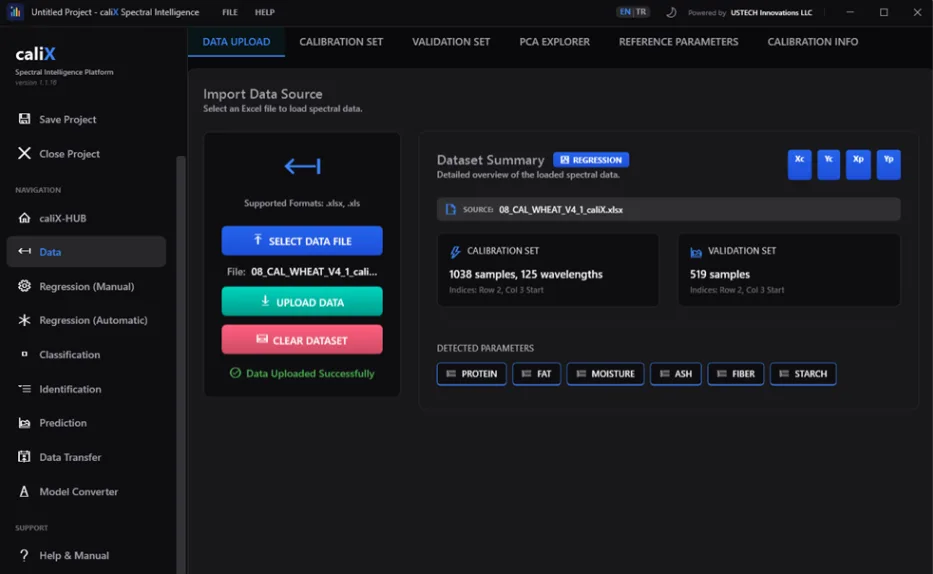 caliX spectral data visualization and preprocessing panel