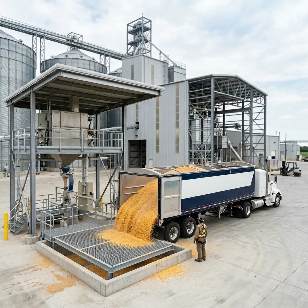 Grain truck unloading at receiving bay with silo