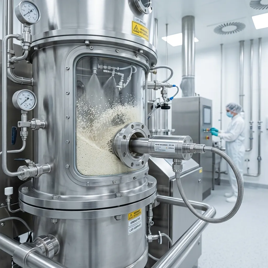 Fluid bed granulator dryer with inline probe sensor
