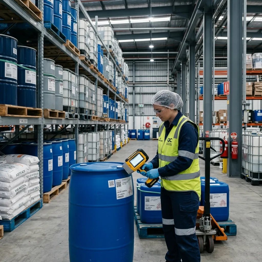 Warehouse raw material containers being scanned